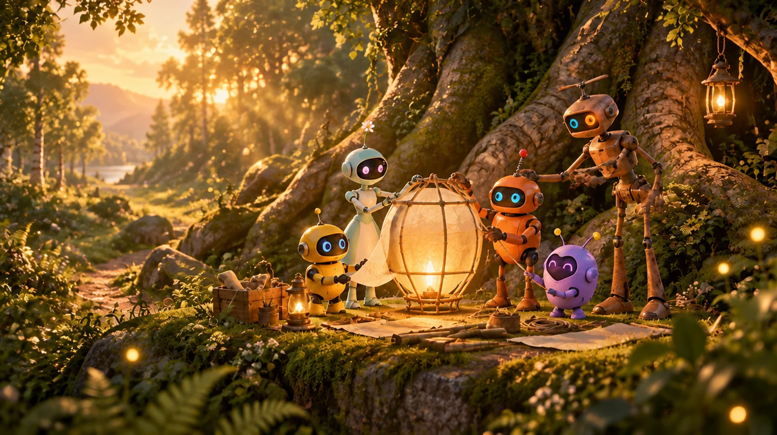 Les cinq petits robots Oloko réunis autour d’une lanterne dans une forêt dorée