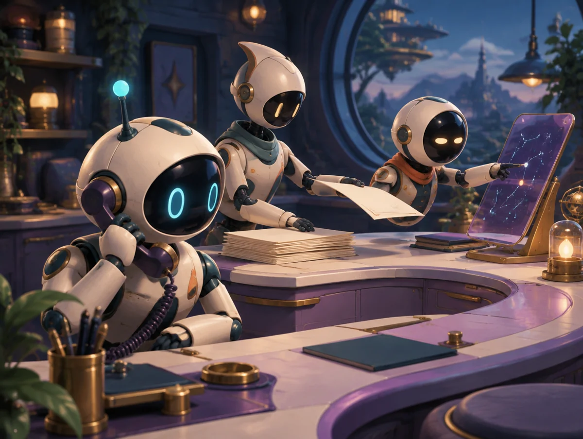 Illustration de l’univers : trois robots collaborent dans un poste de pilotage violet